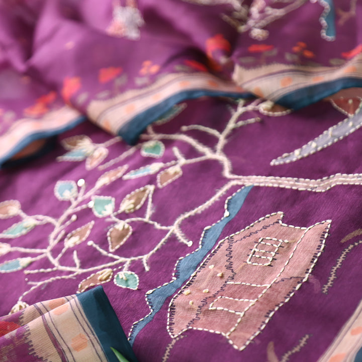 Roopsohni Vibrant Purple Kantha Embroidery Hem Work Chanderi Suit Set