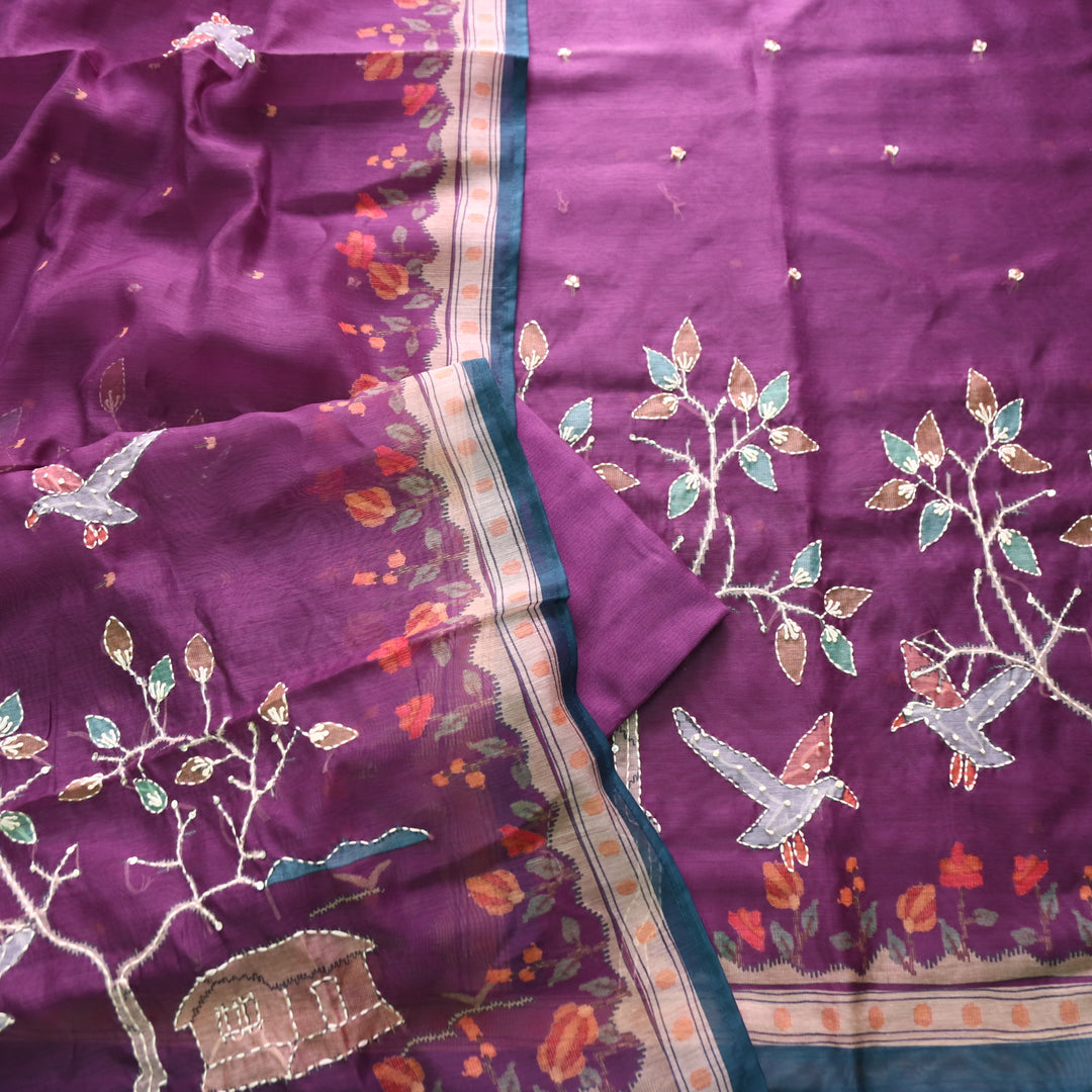 Roopsohni Vibrant Purple Kantha Embroidery Hem Work Chanderi Suit Set