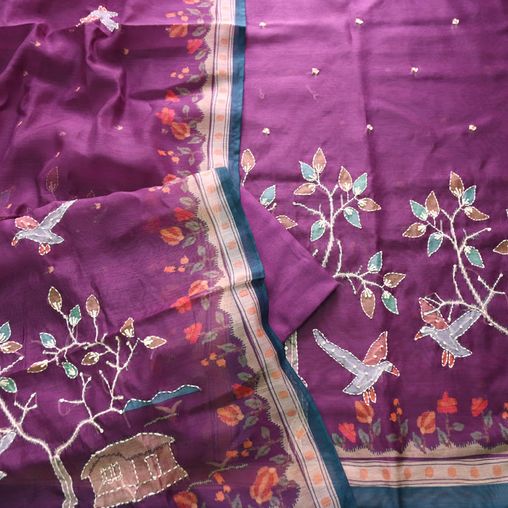 Roopsohni Vibrant Purple Kantha Embroidery Hem Work Chanderi Suit Set