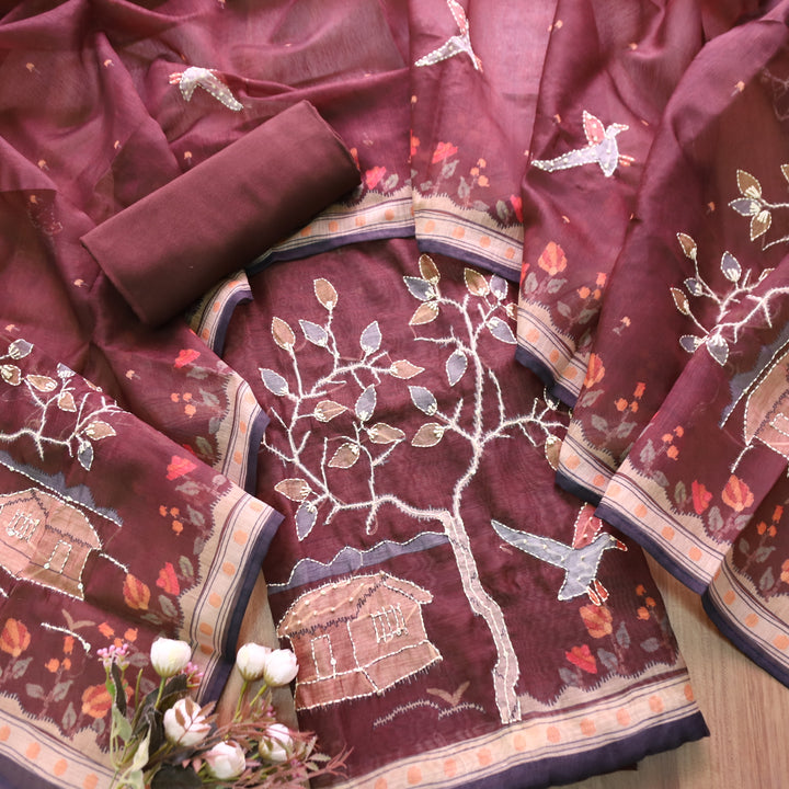 Roopsohni Chocolate Brown Kantha Embroidery Hem Work Chanderi Suit Set