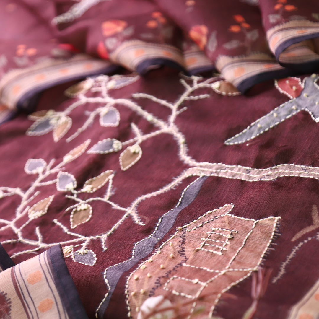 Roopsohni Chocolate Brown Kantha Embroidery Hem Work Chanderi Suit Set