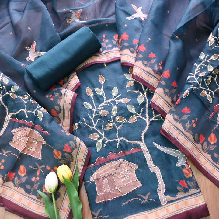 Roopsohni Prussian Blue Kantha Embroidery Hem Work Chanderi Suit Set