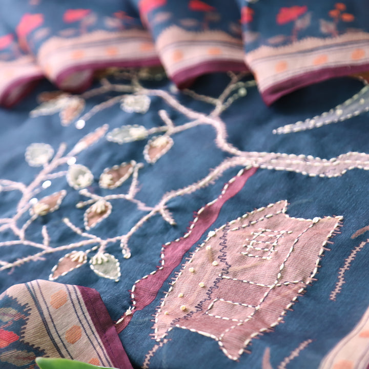 Roopsohni Prussian Blue Kantha Embroidery Hem Work Chanderi Suit Set