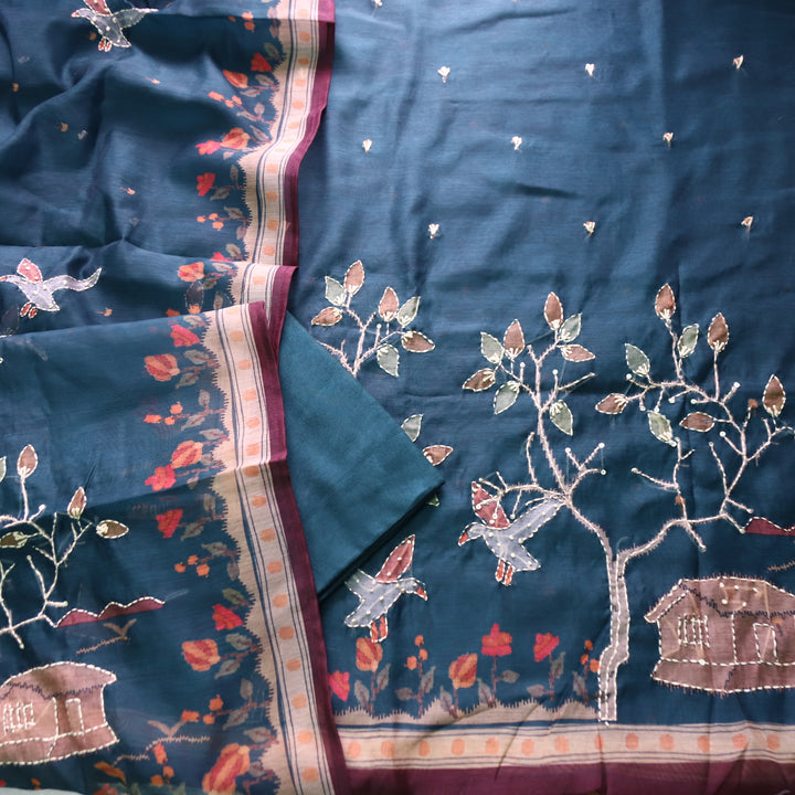 Roopsohni Prussian Blue Kantha Embroidery Hem Work Chanderi Suit Set