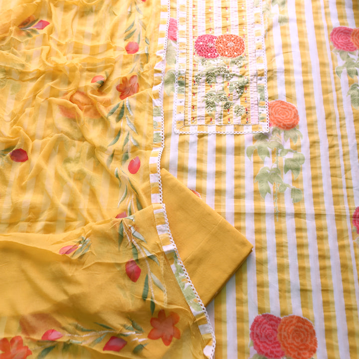 Phoolvari Butter Yellow French Knot in Floral with Stripe Printed Cotton Suit Set