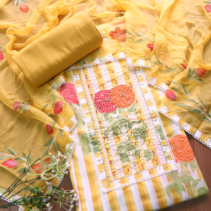 Phoolvari Butter Yellow French Knot in Floral with Stripe Printed Cotton Suit Set