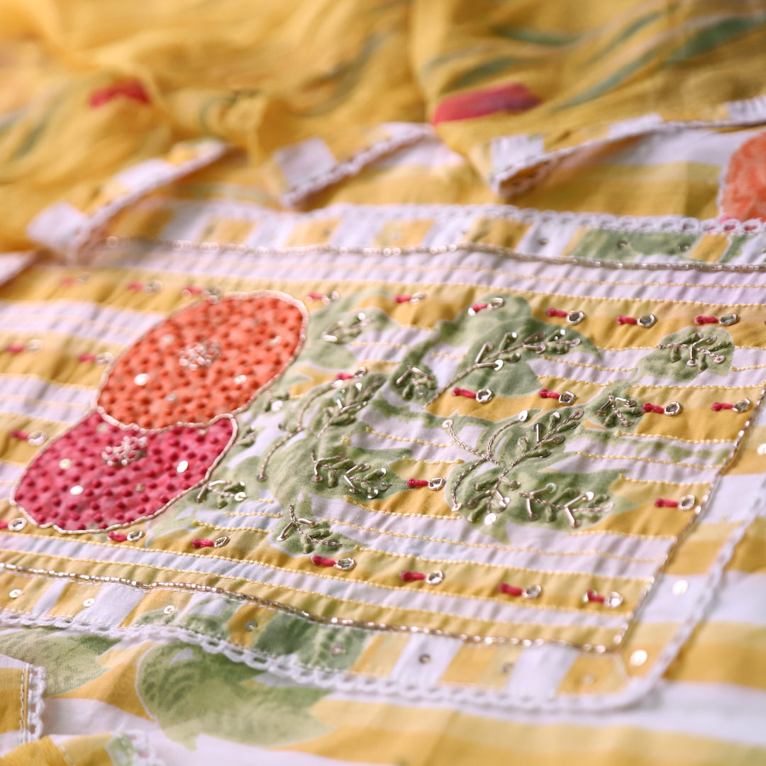 Phoolvari Butter Yellow French Knot in Floral with Stripe Printed Cotton Suit Set