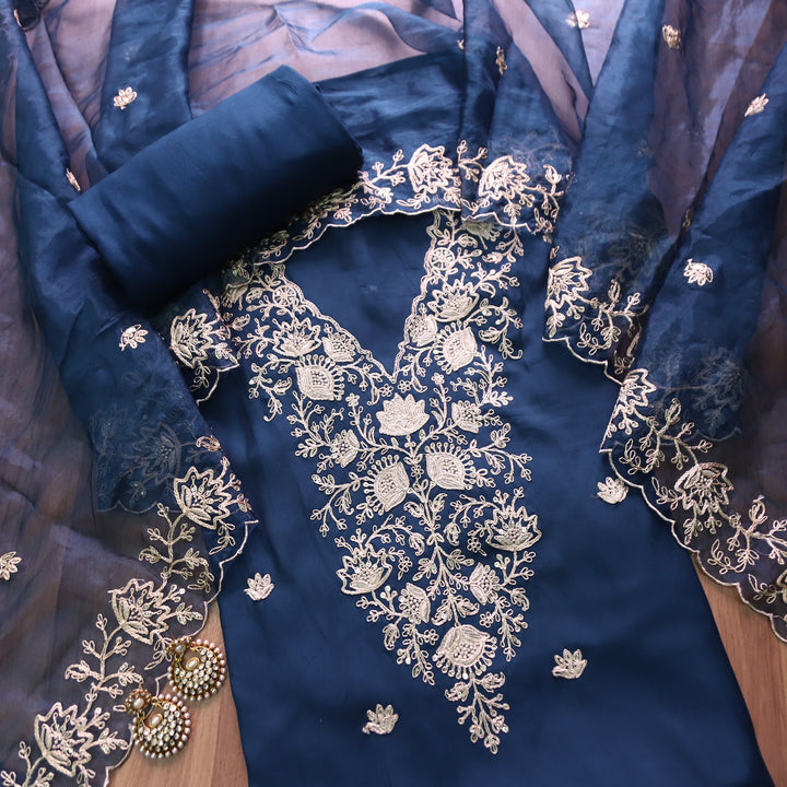 Hoor Royal Blue Designer Embellish V Neckline Work Modal Suit Set