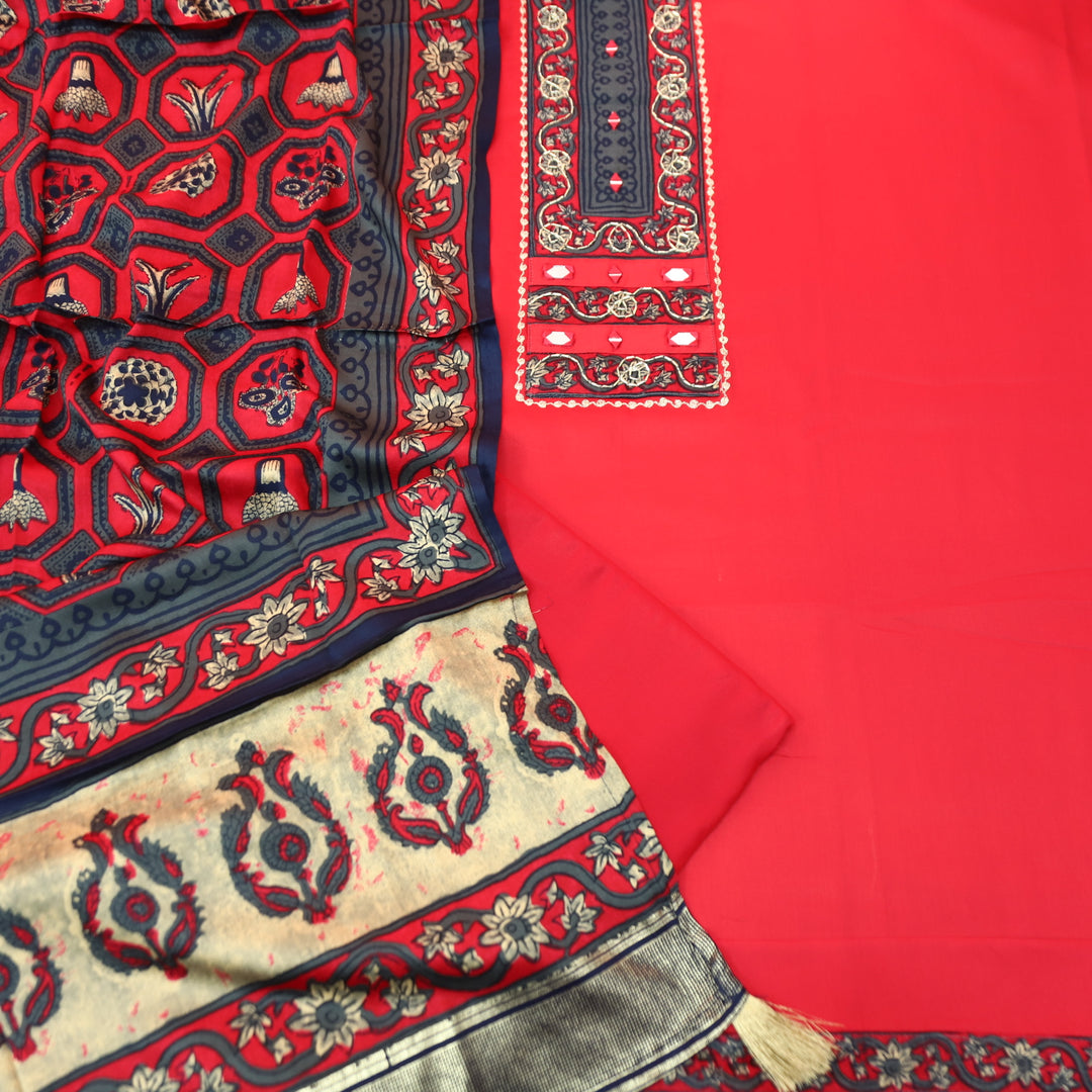 Nandini Bright Pink Printed Yoke with Kardana and Mirror Work Glazed Cotton Set