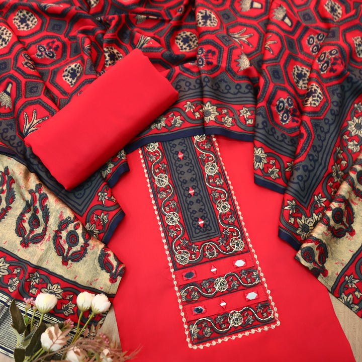 Nandini Bright Pink Printed Yoke with Kardana and Mirror Work Glazed Cotton Set