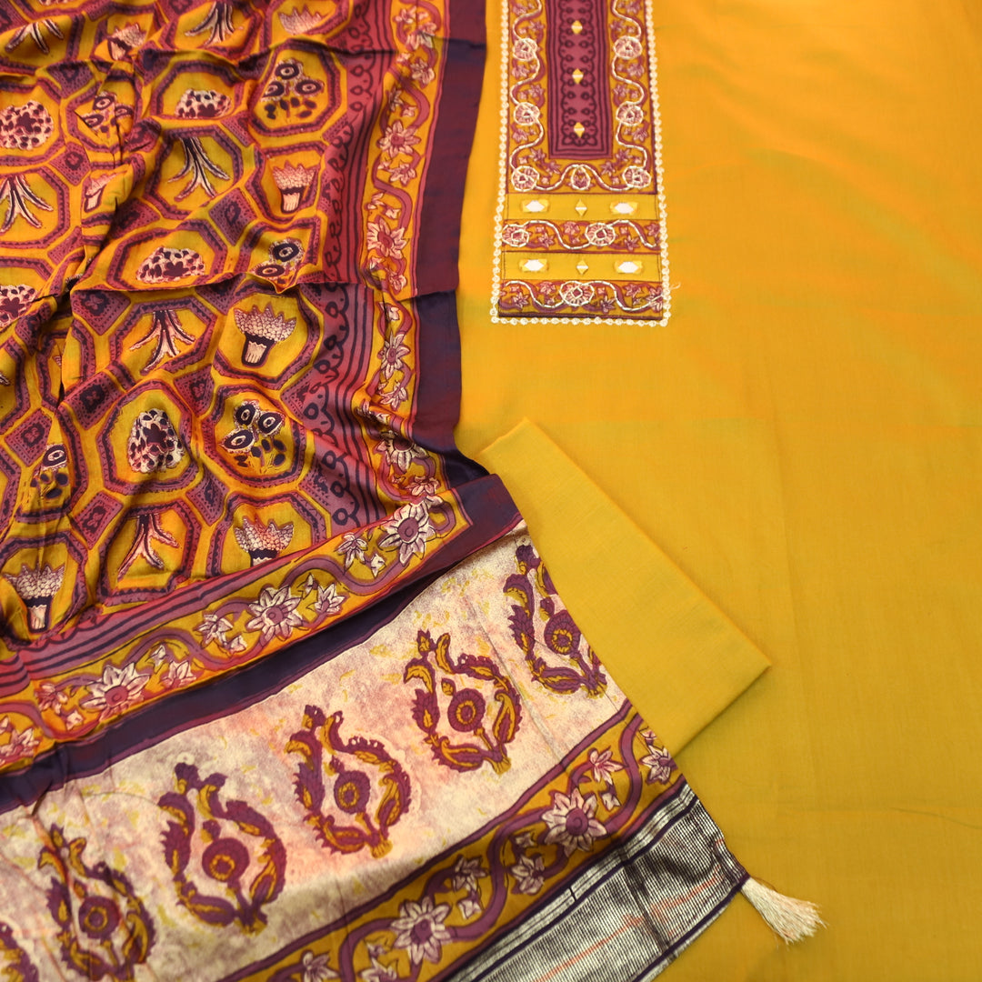 Nandini Dijon Yellow Printed Yoke with Kardana and Mirror Work Glazed Cotton Set
