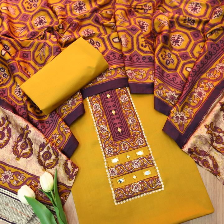 Nandini Dijon Yellow Printed Yoke with Kardana and Mirror Work Glazed Cotton Set