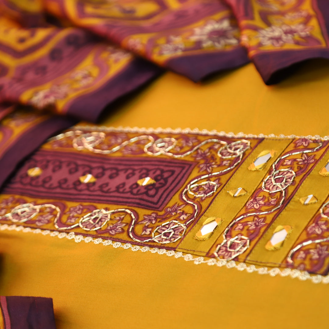 Nandini Dijon Yellow Printed Yoke with Kardana and Mirror Work Glazed Cotton Set