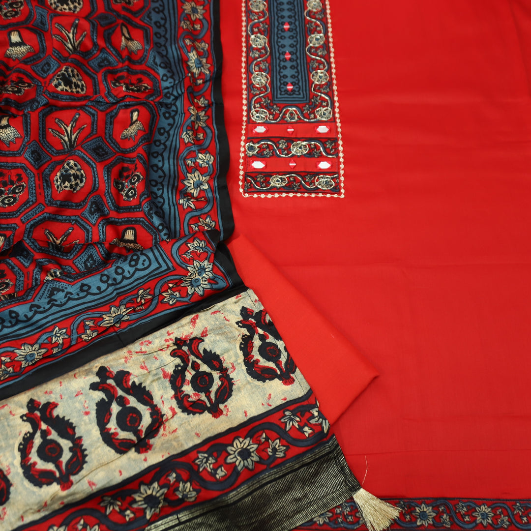 Nandini Kumkum Red Printed Yoke with Kardana and Mirror Work Glazed Cotton Set