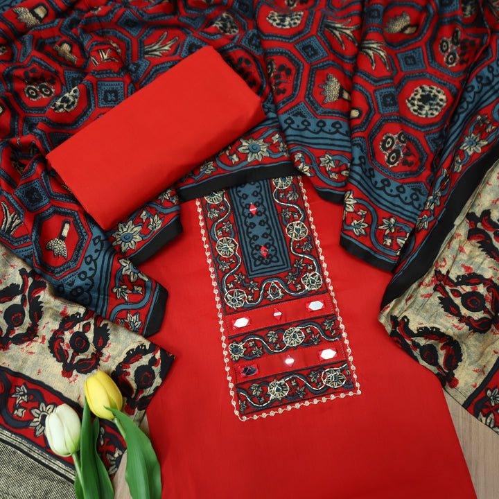 Nandini Kumkum Red Printed Yoke with Kardana and Mirror Work Glazed Cotton Set