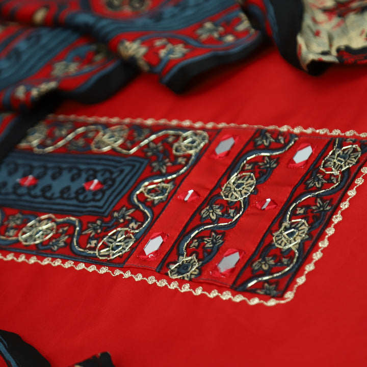 Nandini Kumkum Red Printed Yoke with Kardana and Mirror Work Glazed Cotton Set