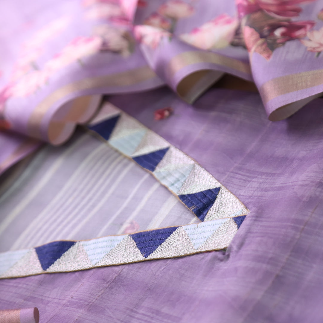 Subharam Lotus Lilac V Neck Lace Work Self and Floral Printed Art Silk Chanderi Set