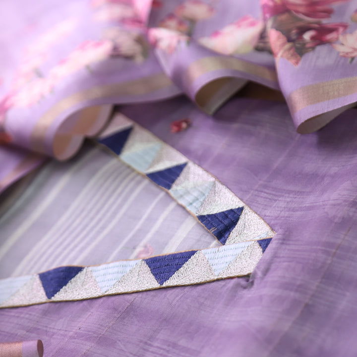 Subharam Lotus Lilac V Neck Lace Work Self and Floral Printed Art Silk Chanderi Set