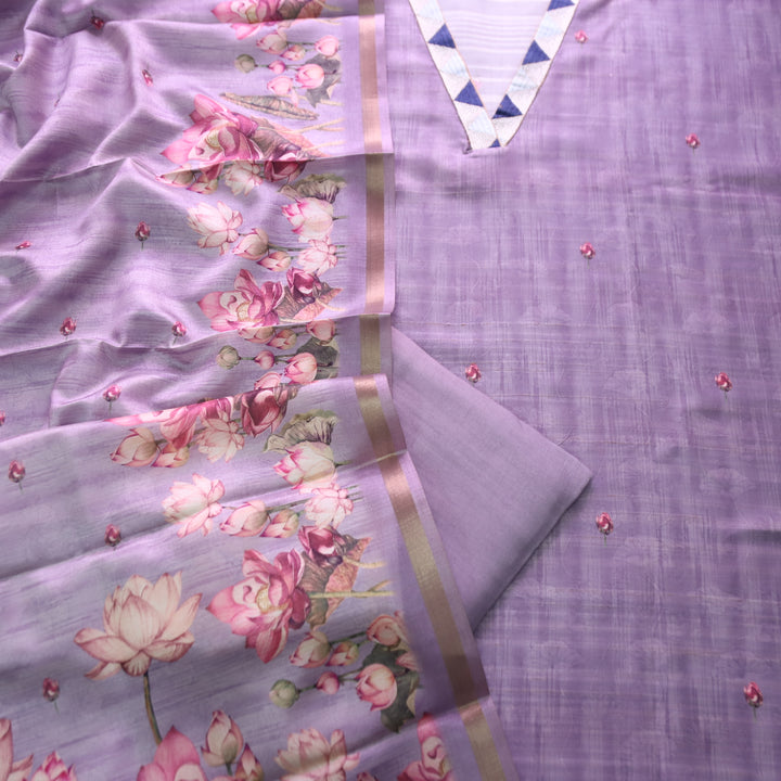 Subharam Lotus Lilac V Neck Lace Work Self and Floral Printed Art Silk Chanderi Set