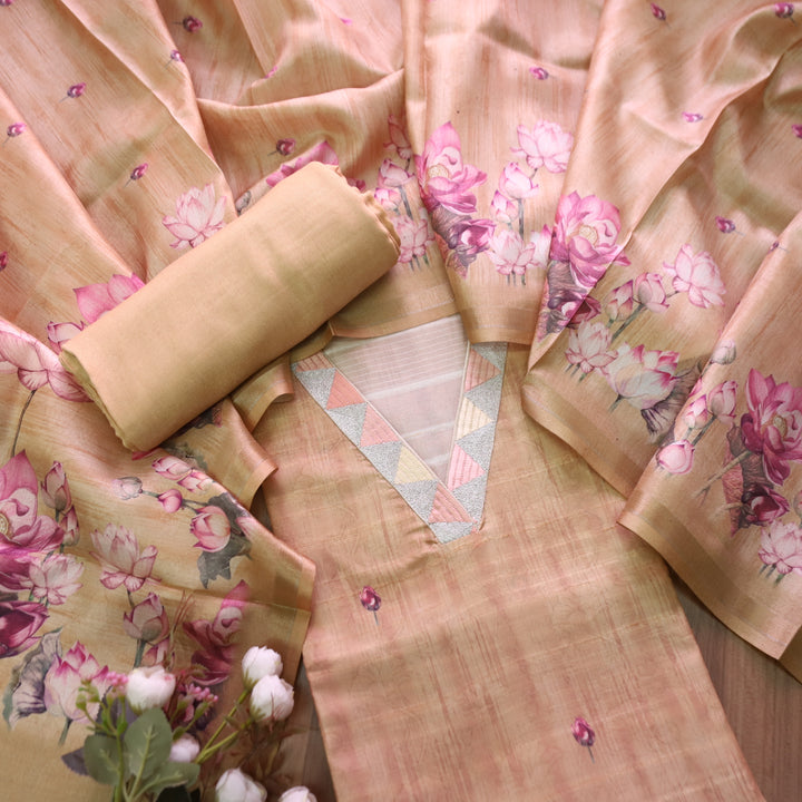 Subharam Sand Beige V Neck Lace Work Self and Floral Printed Art Silk Chanderi Set