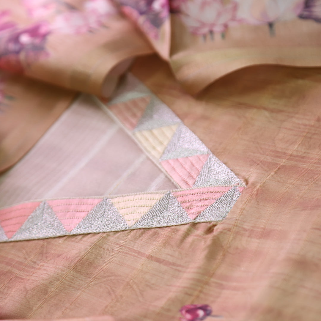 Subharam Sand Beige V Neck Lace Work Self and Floral Printed Art Silk Chanderi Set