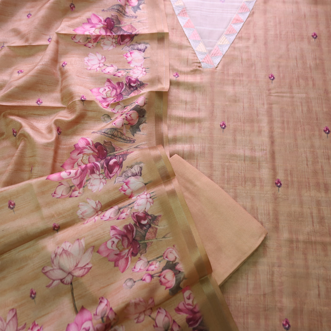 Subharam Sand Beige V Neck Lace Work Self and Floral Printed Art Silk Chanderi Set