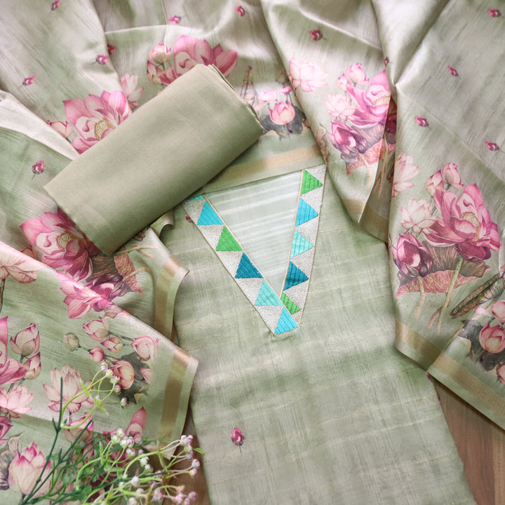 Subharam Sage Green V Neck Lace Work Self and Floral Printed Art Silk Chanderi Set