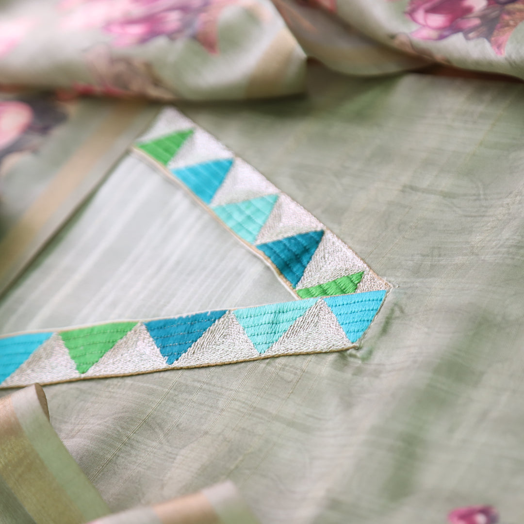 Subharam Sage Green V Neck Lace Work Self and Floral Printed Art Silk Chanderi Set