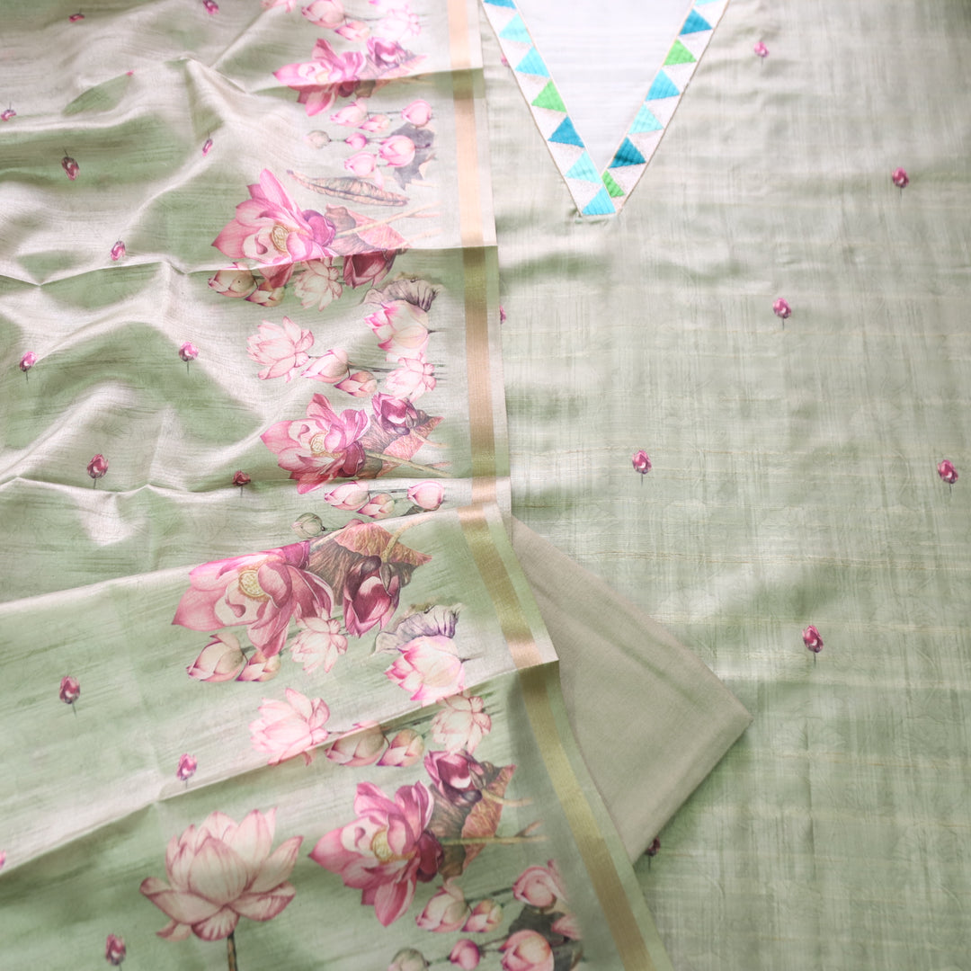 Subharam Sage Green V Neck Lace Work Self and Floral Printed Art Silk Chanderi Set