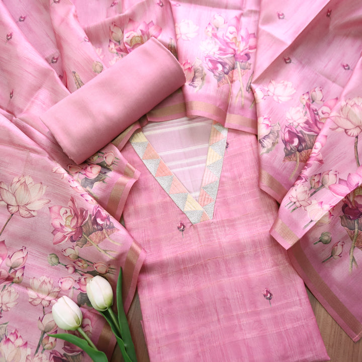 Subharam Mauve Pink V Neck Lace Work Self and Floral Printed Art Silk Chanderi Set