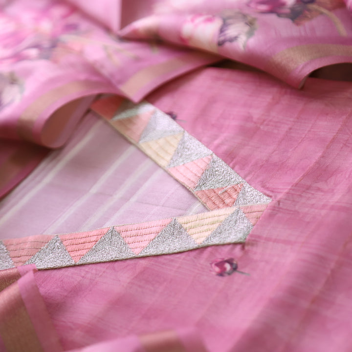 Subharam Mauve Pink V Neck Lace Work Self and Floral Printed Art Silk Chanderi Set