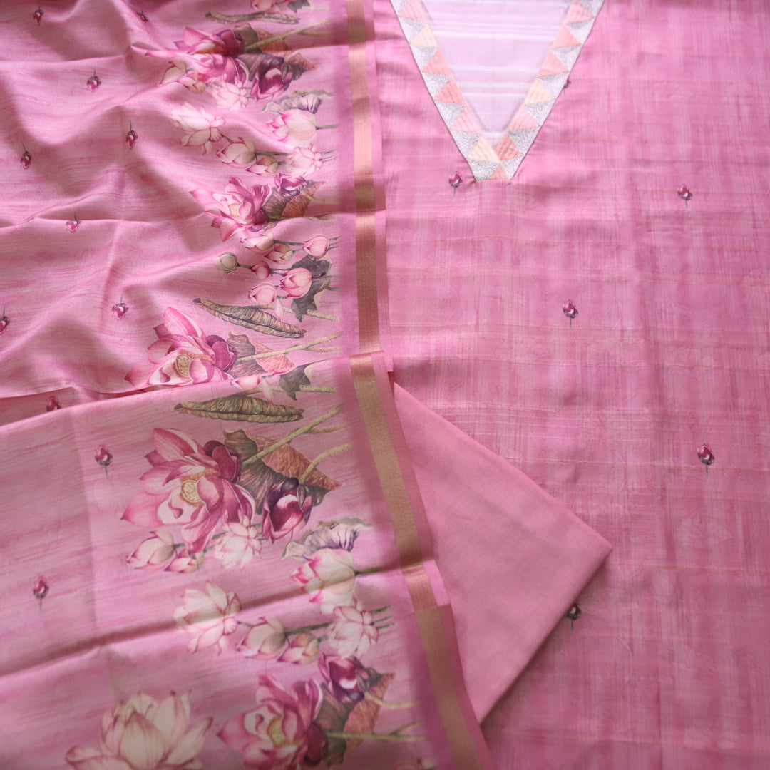 Subharam Mauve Pink V Neck Lace Work Self and Floral Printed Art Silk Chanderi Set