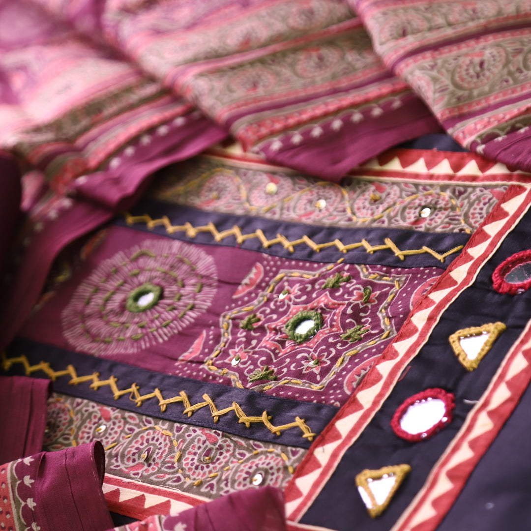 Paalki Ebony Black Mirror and Thread Work with Ajrak Printed Yoke in Glazed Cotton Set