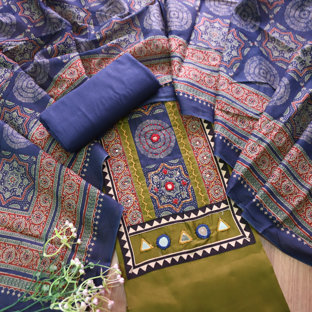 Paalki Mehndi Green Mirror and Thread Work with Ajrak Printed Yoke in Glazed Cotton Set