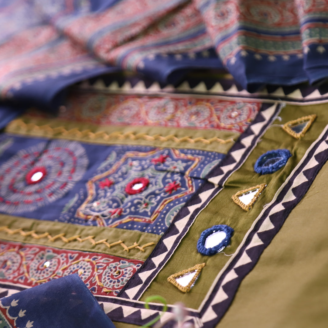 Paalki Mehndi Green Mirror and Thread Work with Ajrak Printed Yoke in Glazed Cotton Set