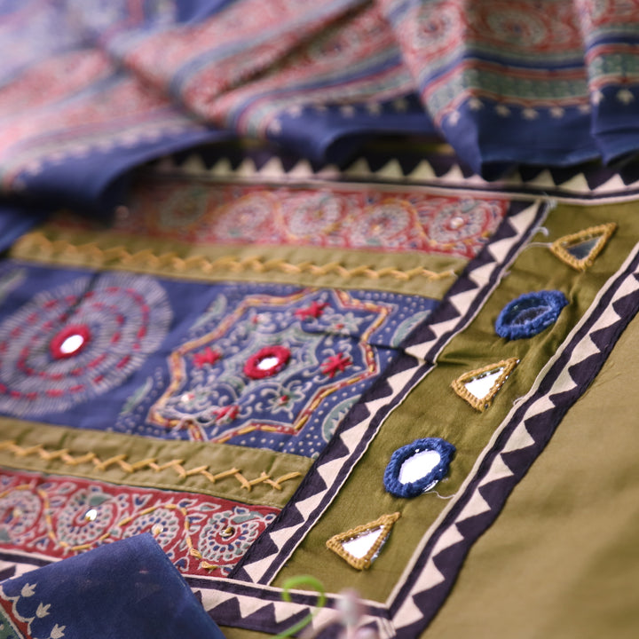 Paalki Mehndi Green Mirror and Thread Work with Ajrak Printed Yoke in Glazed Cotton Set