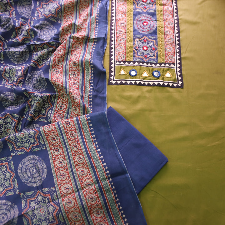 Paalki Mehndi Green Mirror and Thread Work with Ajrak Printed Yoke in Glazed Cotton Set