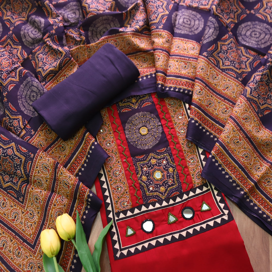 Paalki Cherry Red Mirror and Thread Work with Ajrak Printed Yoke in Glazed Cotton Set