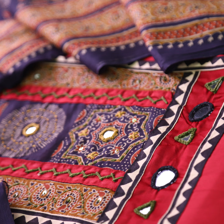 Paalki Cherry Red Mirror and Thread Work with Ajrak Printed Yoke in Glazed Cotton Set