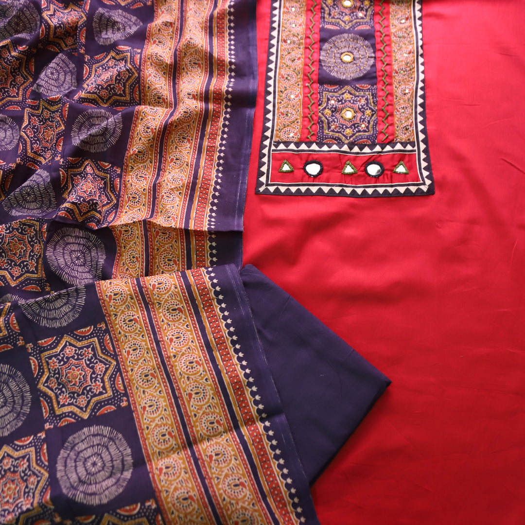 Paalki Cherry Red Mirror and Thread Work with Ajrak Printed Yoke in Glazed Cotton Set