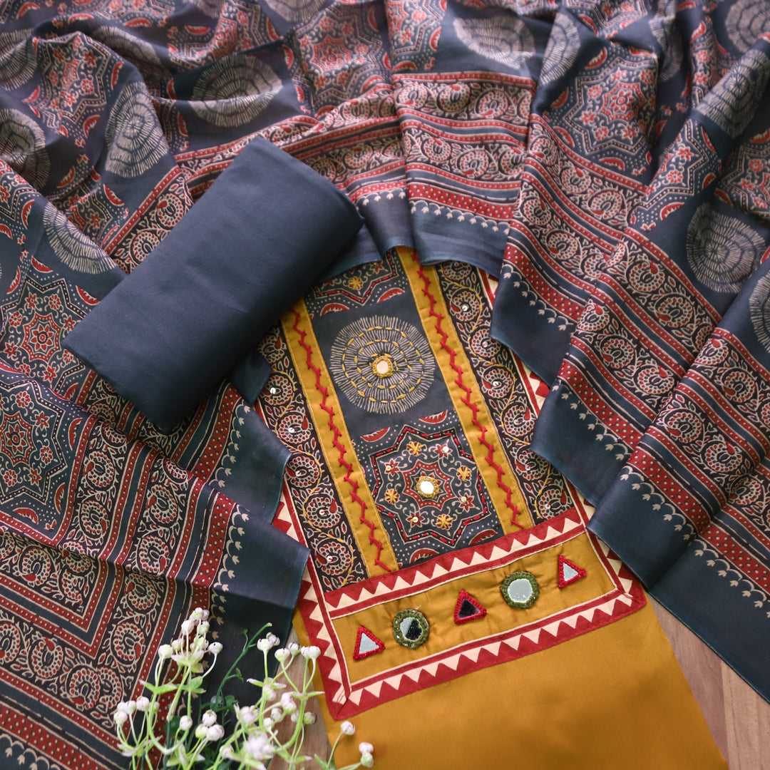 Paalki Dijon Yellow Mirror and Thread Work with Ajrak Printed Yoke in Glazed Cotton Set