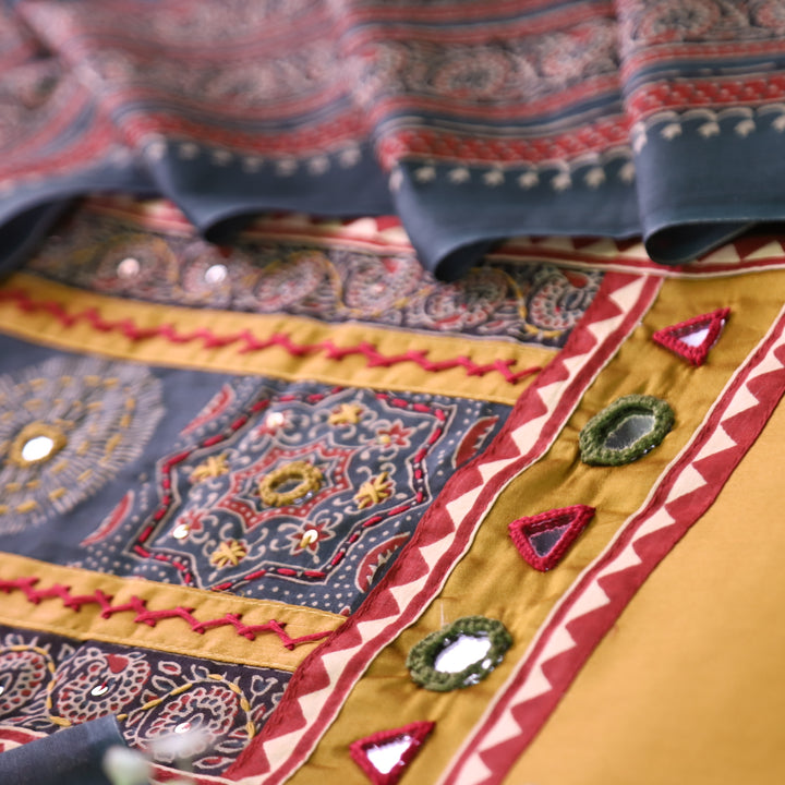 Paalki Dijon Yellow Mirror and Thread Work with Ajrak Printed Yoke in Glazed Cotton Set