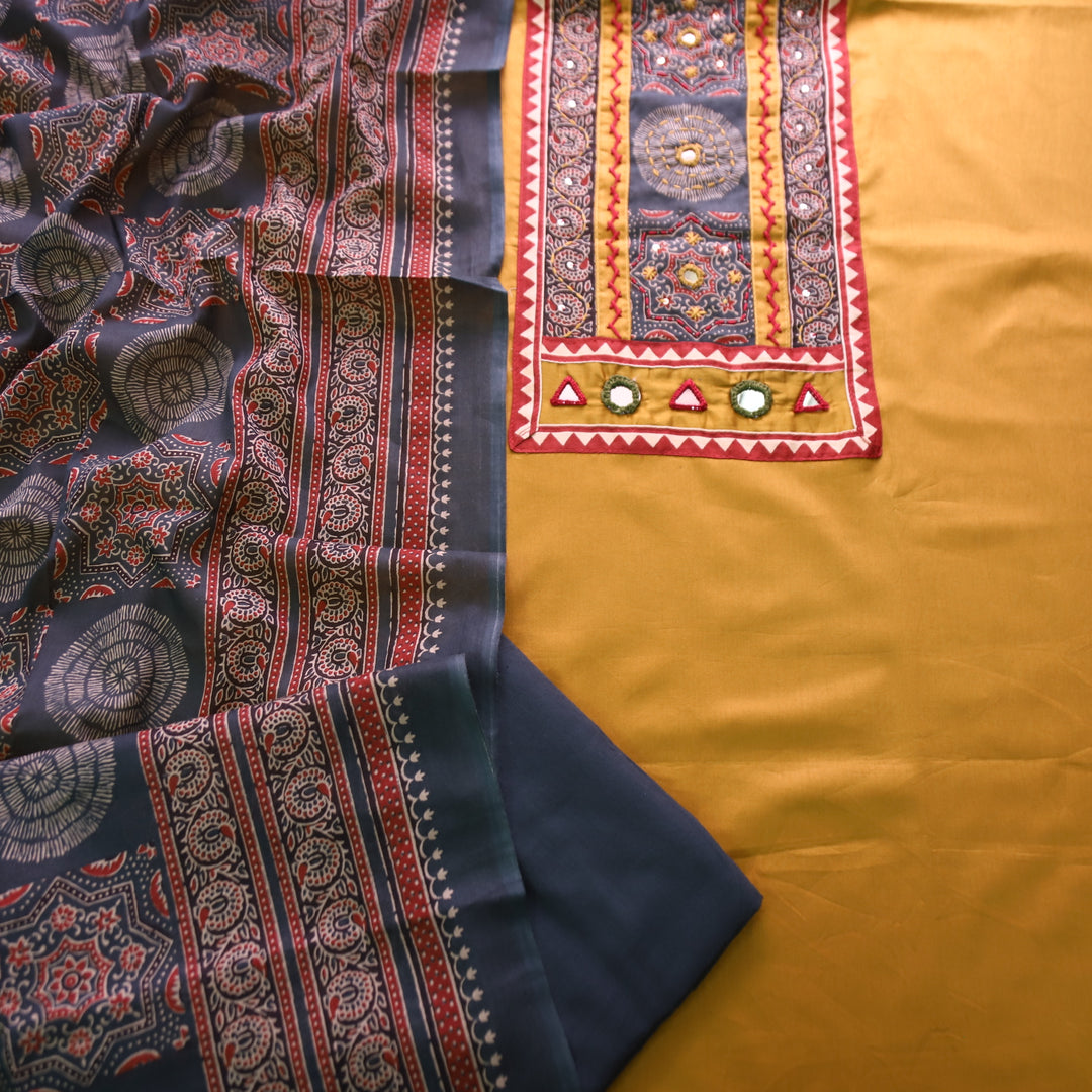 Paalki Dijon Yellow Mirror and Thread Work with Ajrak Printed Yoke in Glazed Cotton Set