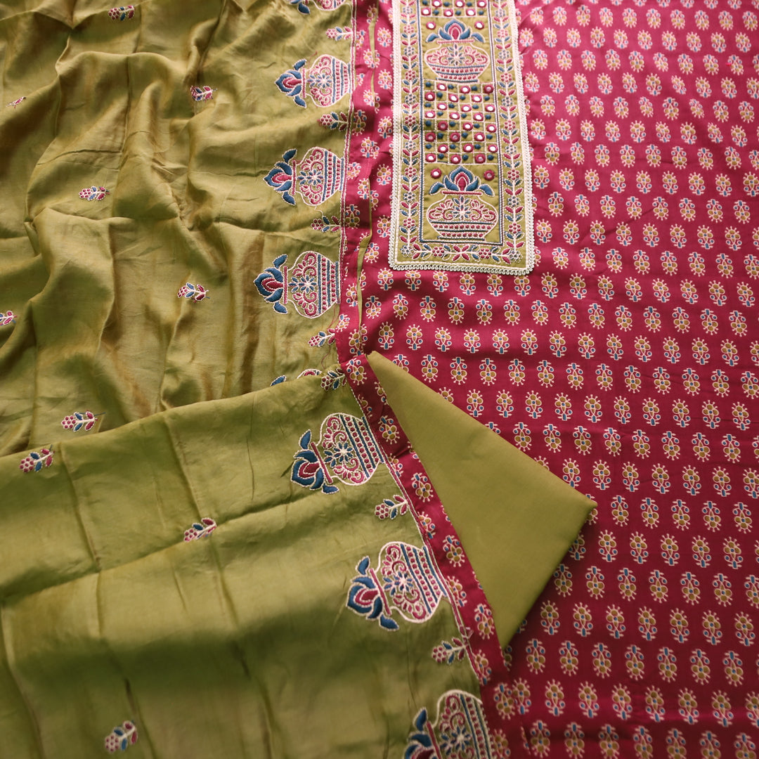 Roshni Burgundy Red Thread Embroidered Yoke on Ajrak Printed Cotton Suit Set