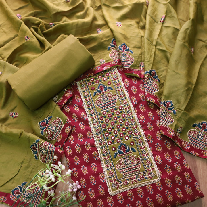 Roshni Burgundy Red Thread Embroidered Yoke on Ajrak Printed Cotton Suit Set