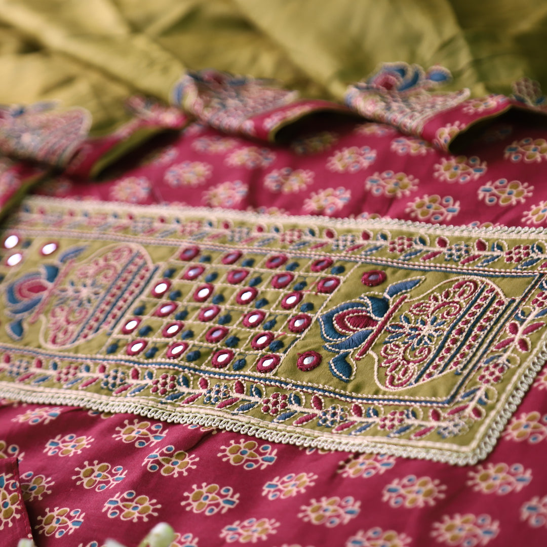Roshni Burgundy Red Thread Embroidered Yoke on Ajrak Printed Cotton Suit Set
