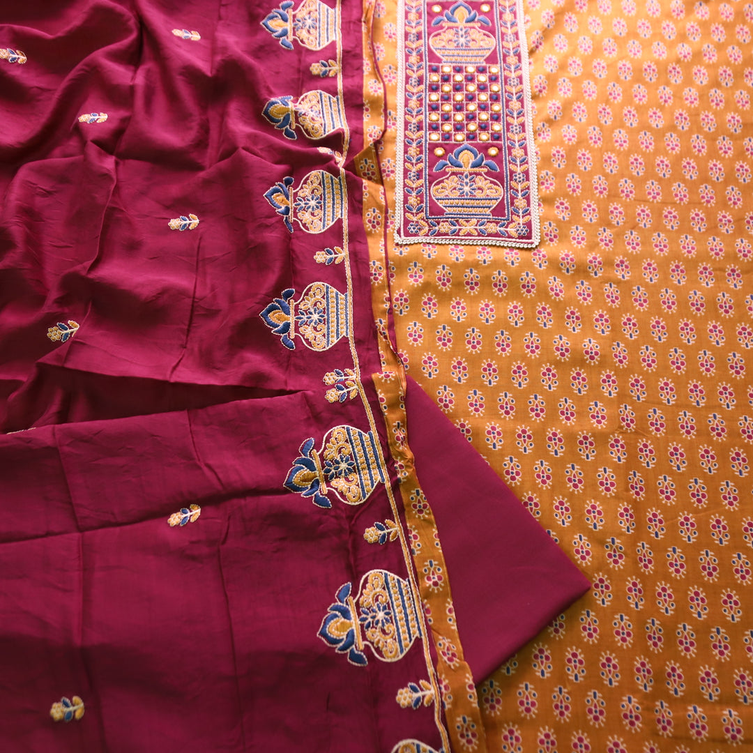 Roshni Peanut Brown Thread Embroidered Yoke on Ajrak Printed Cotton Suit Set
