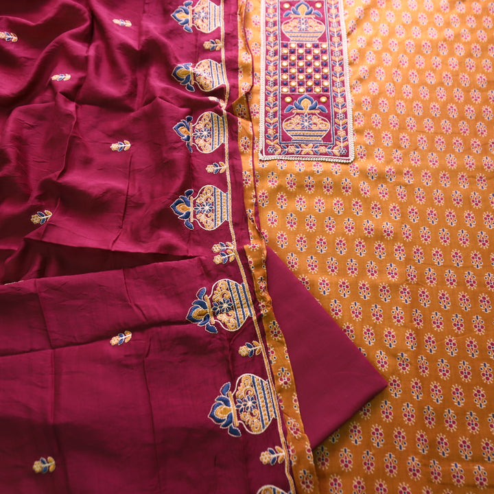 Roshni Peanut Brown Thread Embroidered Yoke on Ajrak Printed Cotton Suit Set