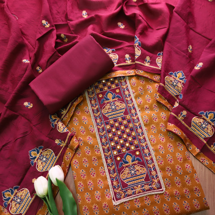 Roshni Peanut Brown Thread Embroidered Yoke on Ajrak Printed Cotton Suit Set