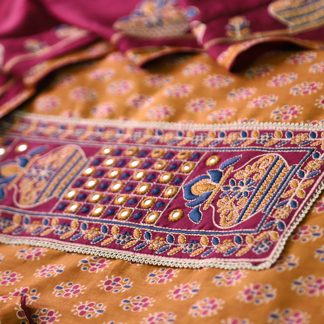 Roshni Peanut Brown Thread Embroidered Yoke on Ajrak Printed Cotton Suit Set